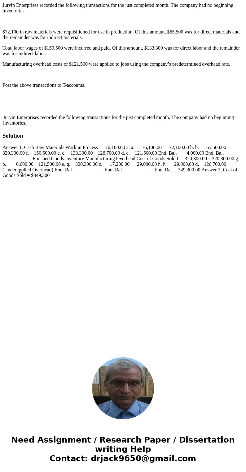 Jurvin Enterprises recorded the following transactions for the just completed month. The company had no beginning inventories. $72,100 in raw materials were req