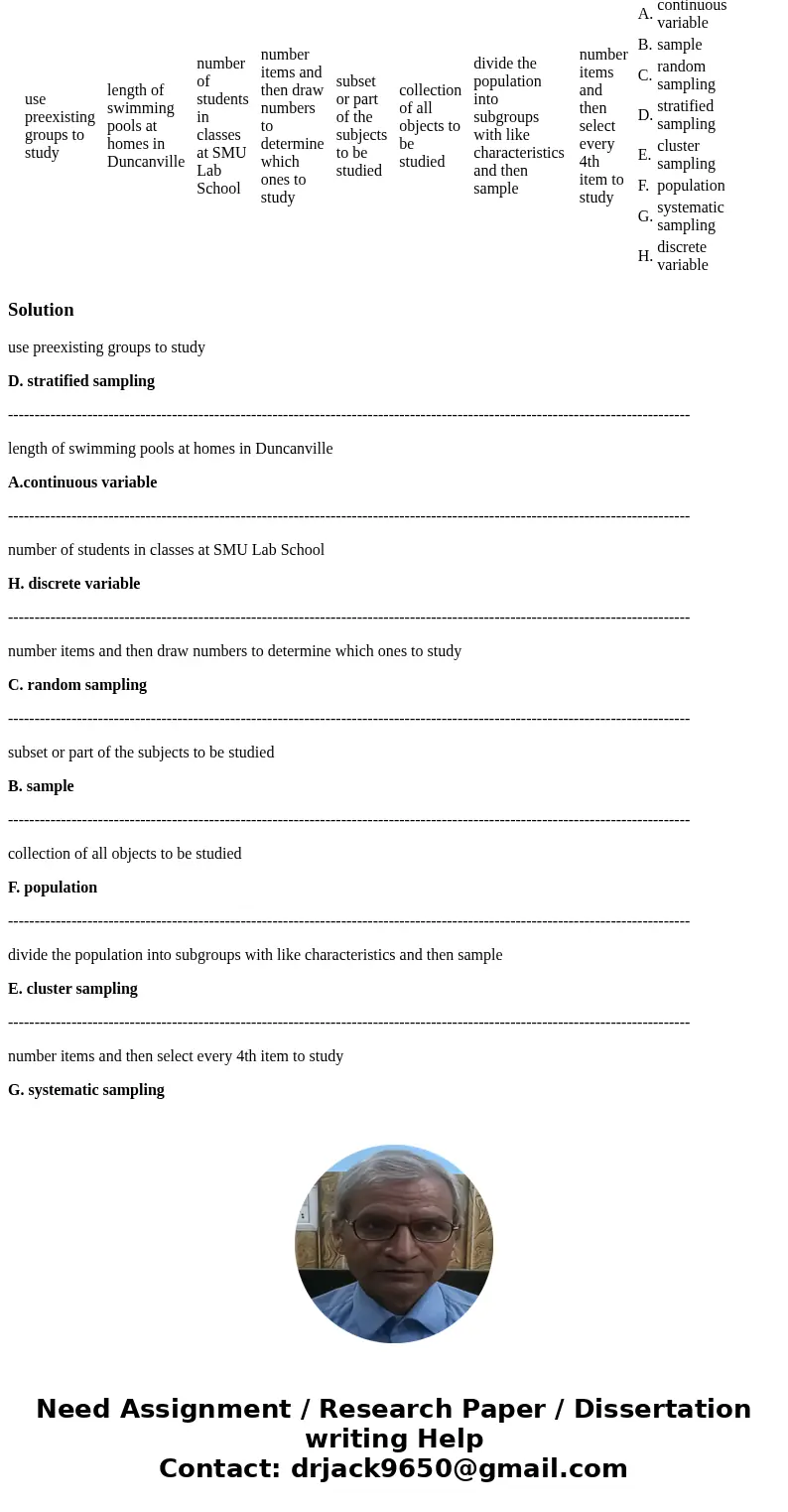 Match the following: use preexisting groups to study continuous variable sample random sampling stratified sampling cluster sampling population systematic sampl Match the following: use preexisting groups to study continuous variable sample random sampling stratified sampling cluster sampling population systematic sampl