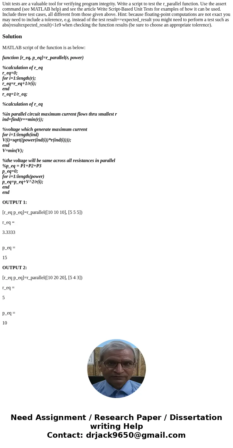[MATLAB] Write a function named r_parallel which computes the equivalent resistance and power rating for a network consisting of resistors connected in parallel