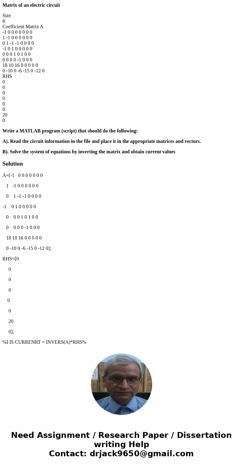 Matrix of an electric circuit Size 8 Coefficient Matrix A -1 0 0 0 0 0 0 0 1 -1 0 0 0 0 0 0 0 1 -1 -1 0 0 0 0 -1 0 1 0 0 0 0 0 0 0 0 1 0 1 0 0 0 0 0 0 -1 0 0 0  Matrix of an electric circuit Size 8 Coefficient Matrix A -1 0 0 0 0 0 0 0 1 -1 0 0 0 0 0 0 0 1 -1 -1 0 0 0 0 -1 0 1 0 0 0 0 0 0 0 0 1 0 1 0 0 0 0 0 0 -1 0 0 0