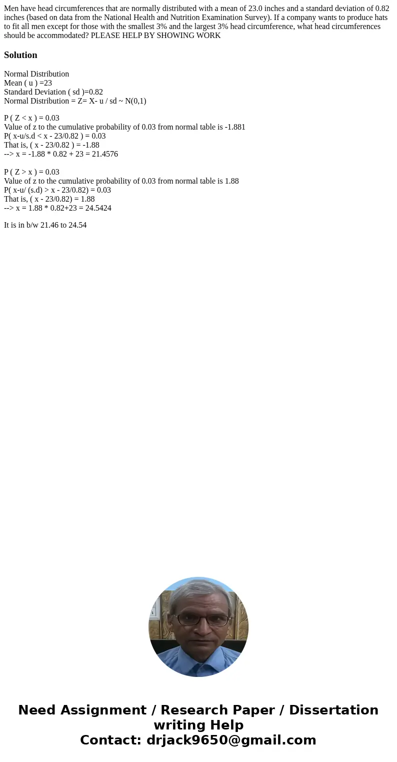 Men have head circumferences that are normally distributed with a mean of 23.0 inches and a standard deviation of 0.82 inches (based on data from the National H