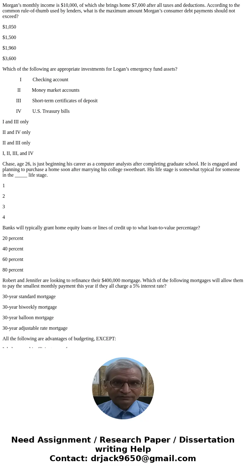 Morgan’s monthly income is $10,000, of which she brings home $7,000 after all taxes and deductions. According to the common rule-of-thumb used by lenders, what  Morgan’s monthly income is $10,000, of which she brings home $7,000 after all taxes and deductions. According to the common rule-of-thumb used by lenders, what