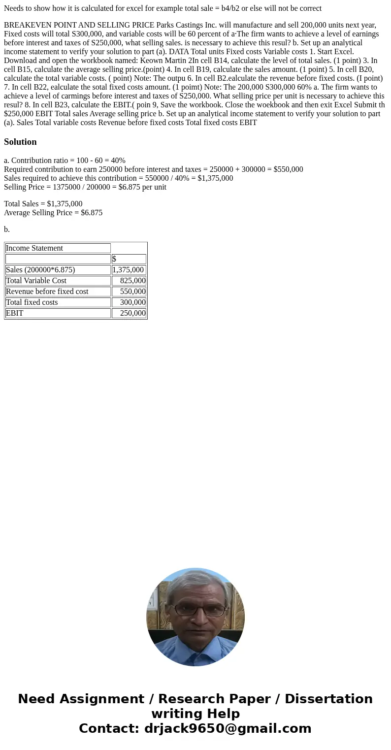 Needs to show how it is calculated for excel for example total sale = b4/b2 or else will not be correct BREAKEVEN POINT AND SELLING PRICE Parks Castings Inc. wi