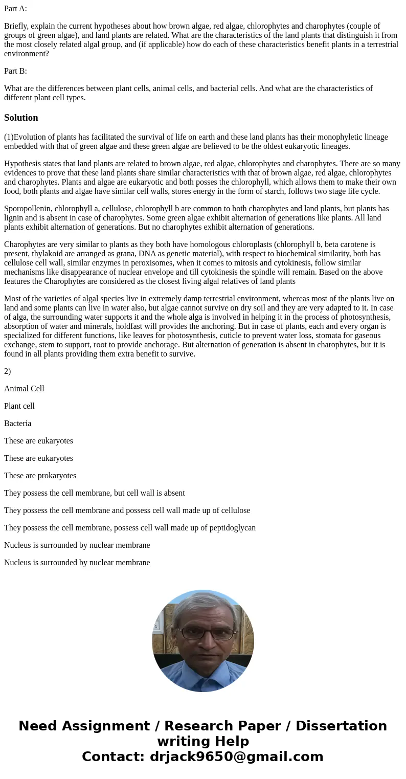 Part A: Briefly, explain the current hypotheses about how brown algae, red algae, chlorophytes and charophytes (couple of groups of green algae), and land plant
