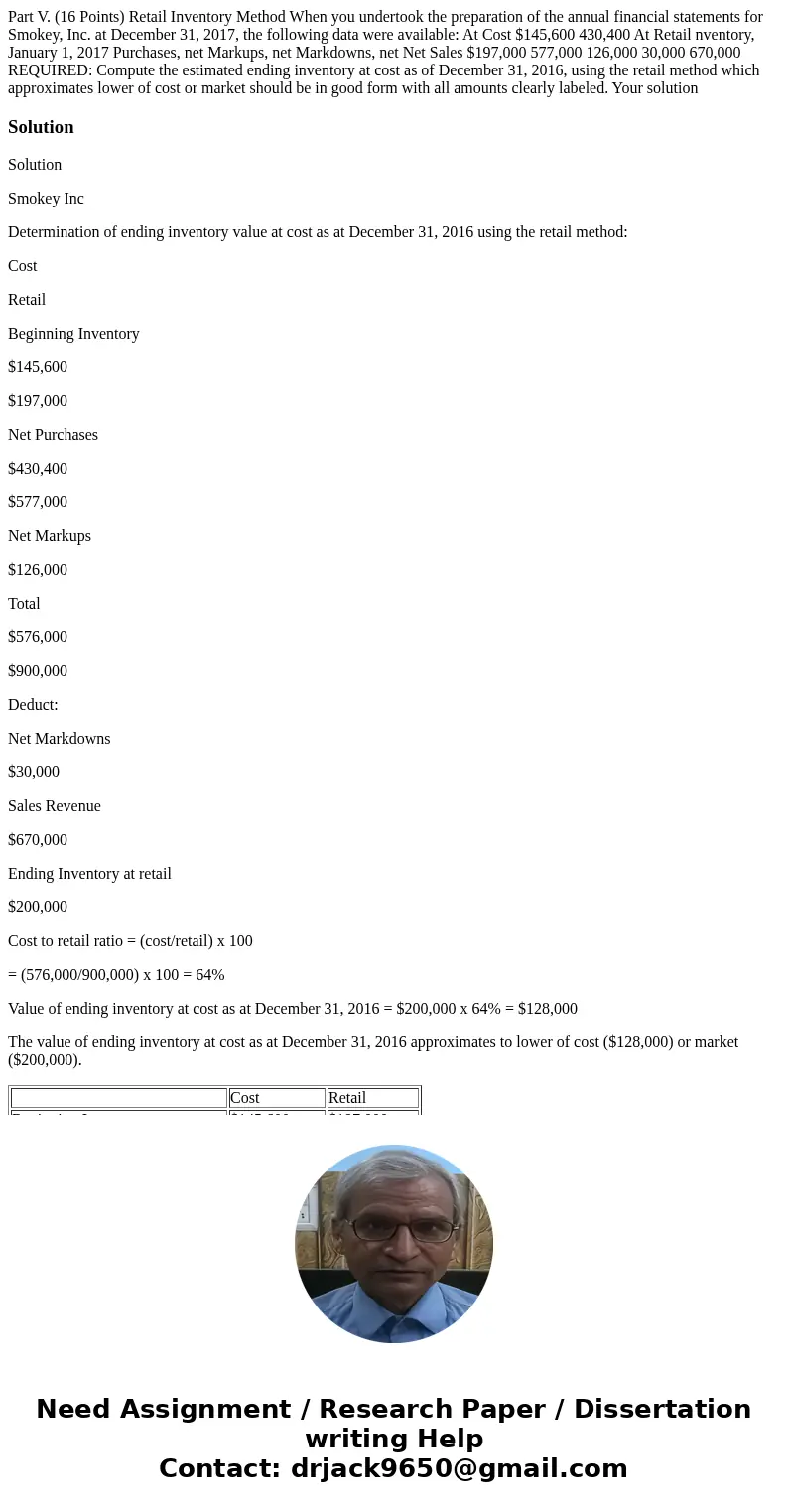  Part V. (16 Points) Retail Inventory Method When you undertook the preparation of the annual financial statements for Smokey, Inc. at December 31, 2017, the fo