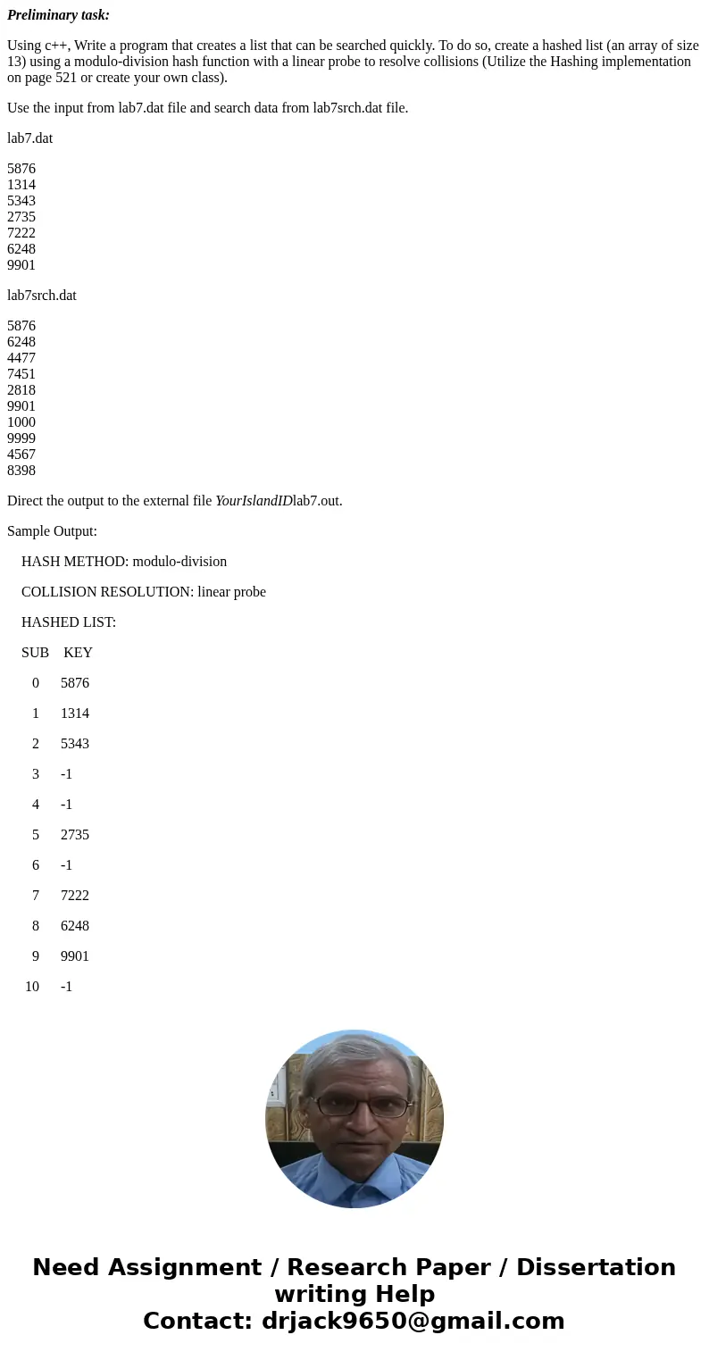 Preliminary task: Using c++, Write a program that creates a list that can be searched quickly. To do so, create a hashed list (an array of size 13) using a modu