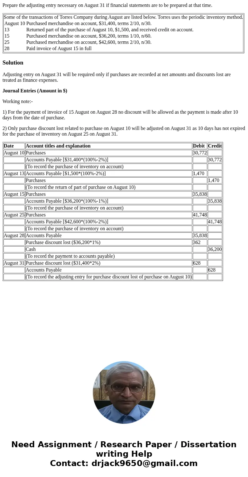 Prepare the adjusting entry necessary on August 31 if financial statements are to be prepared at that time. Some of the transactions of Torres Company during Au Prepare the adjusting entry necessary on August 31 if financial statements are to be prepared at that time. Some of the transactions of Torres Company during Au