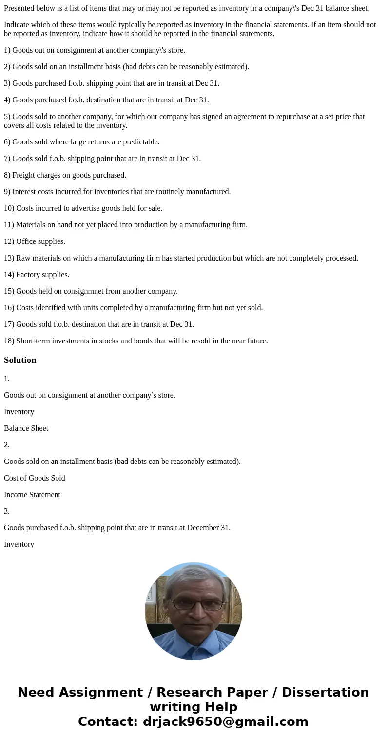 Presented below is a list of items that may or may not be reported as inventory in a company\'s Dec 31 balance sheet. Indicate which of these items would typica