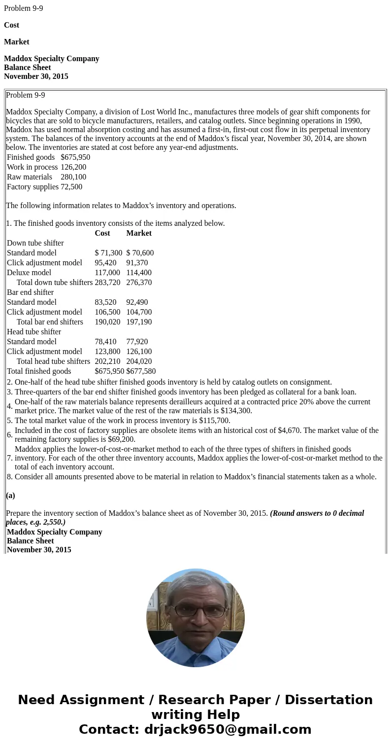 Problem 9-9 Cost Market Maddox Specialty Company Balance Sheet November 30, 2015 Problem 9-9 Maddox Specialty Company, a division of Lost World Inc., manufactur