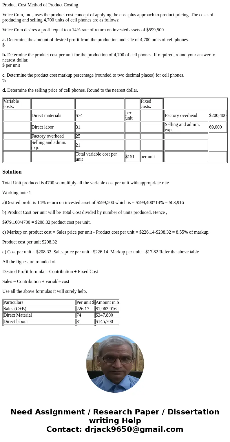 Product Cost Method of Product Costing Voice Com, Inc., uses the product cost concept of applying the cost-plus approach to product pricing. The costs of produc