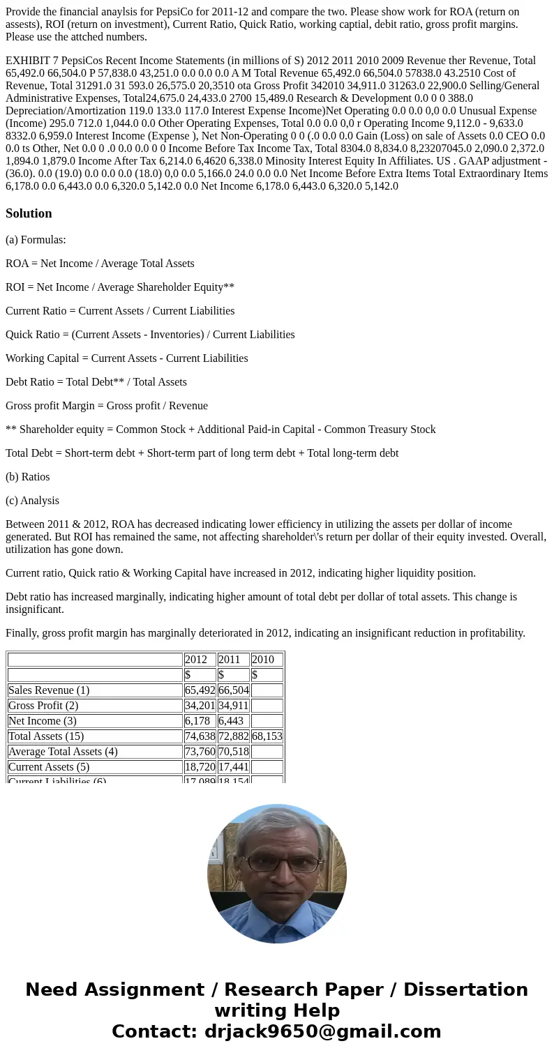Provide the financial anaylsis for PepsiCo for 2011-12 and compare the two. Please show work for ROA (return on assests), ROI (return on investment), Current Ra Provide the financial anaylsis for PepsiCo for 2011-12 and compare the two. Please show work for ROA (return on assests), ROI (return on investment), Current Ra