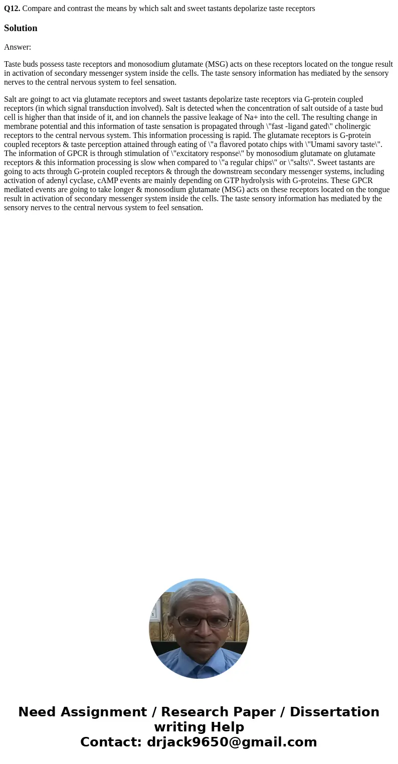 Q12. Compare and contrast the means by which salt and sweet tastants depolarize taste receptorsSolutionAnswer: Taste buds possess taste receptors and monosodium Q12. Compare and contrast the means by which salt and sweet tastants depolarize taste receptorsSolutionAnswer: Taste buds possess taste receptors and monosodium