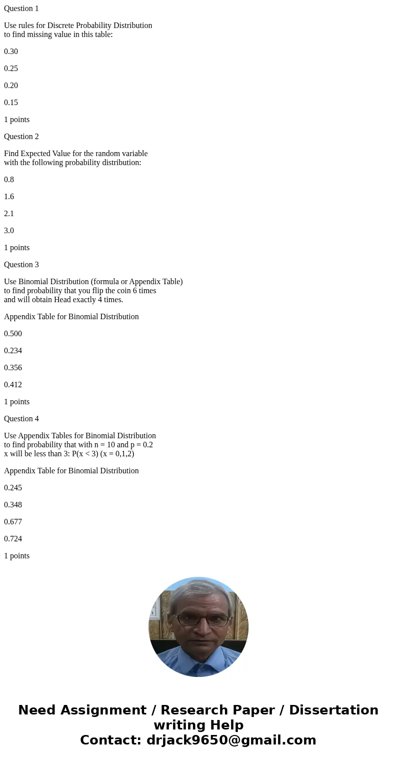 Question 1 Use rules for Discrete Probability Distribution to find missing value in this table: 0.30 0.25 0.20 0.15 1 points Question 2 Find Expected Value for 