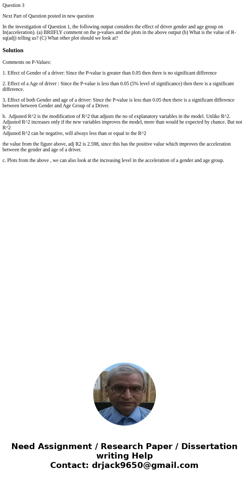 Question 3 Next Part of Question posted in new question In the investigation of Question 1, the following output considers the effect of driver gender and age g