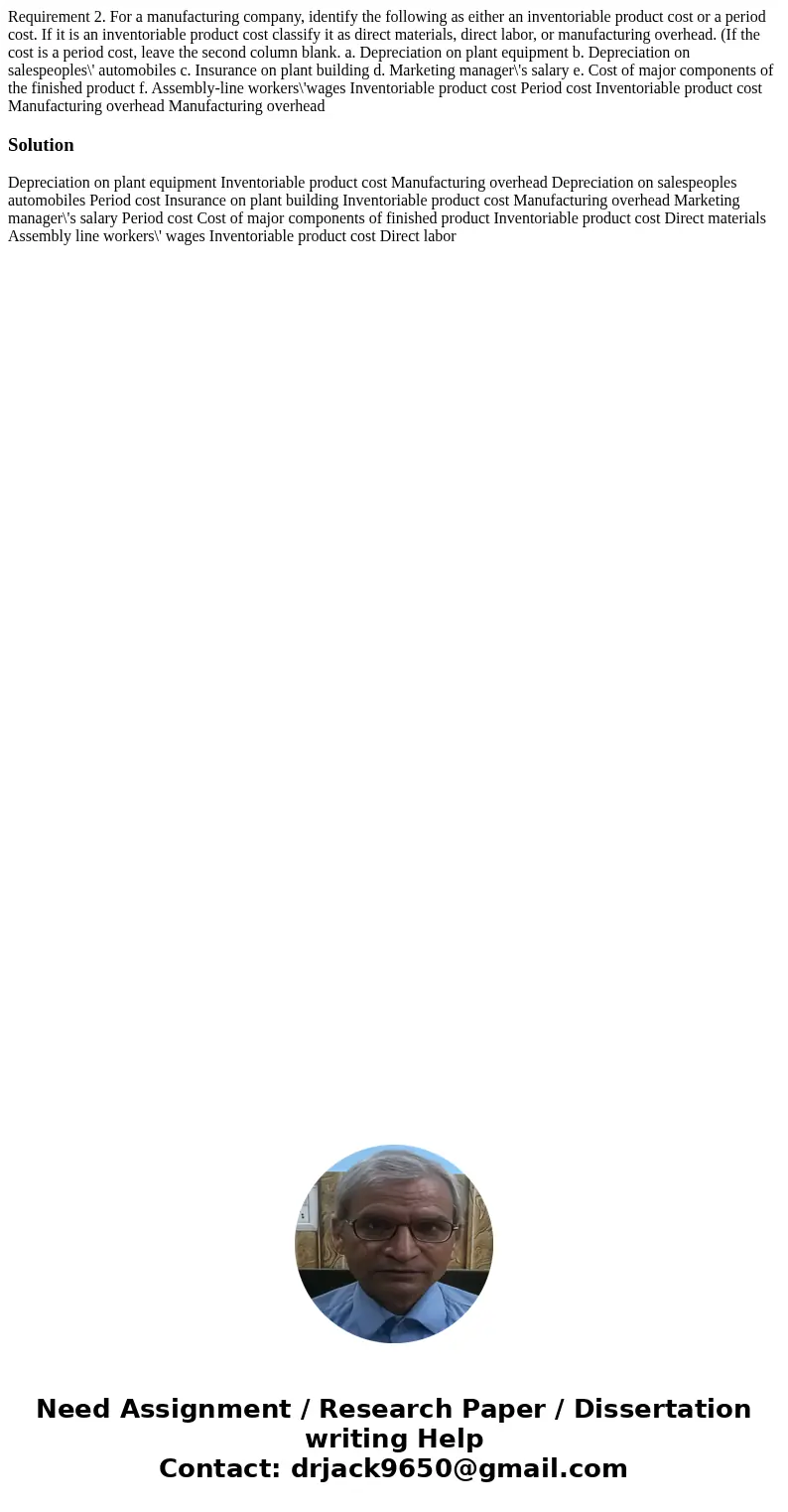  Requirement 2. For a manufacturing company, identify the following as either an inventoriable product cost or a period cost. If it is an inventoriable product 