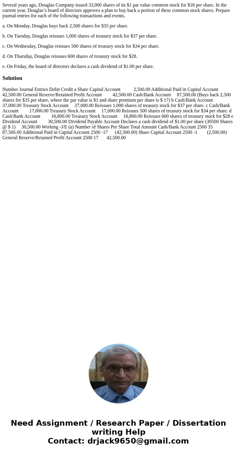 Several years ago, Douglas Company issued 33,000 shares of its $1 par value common stock for $18 per share. In the current year, Douglas’s board of directors ap Several years ago, Douglas Company issued 33,000 shares of its $1 par value common stock for $18 per share. In the current year, Douglas’s board of directors ap