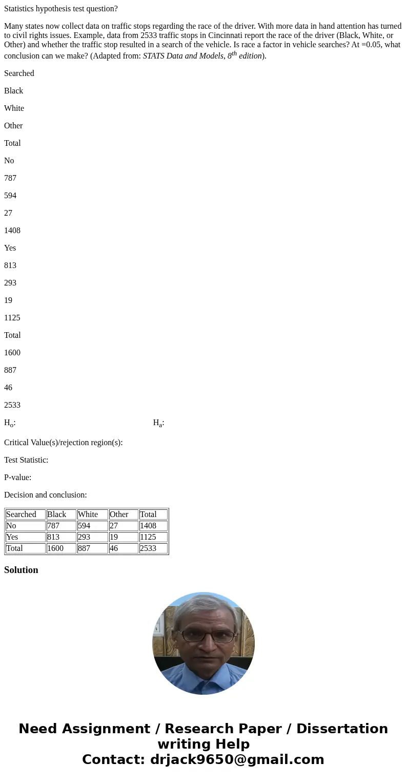 Statistics hypothesis test question? Many states now collect data on traffic stops regarding the race of the driver. With more data in hand attention has turned