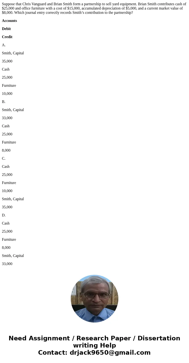 Suppose that Chris Vanguard and Brian Smith form a partnership to sell yard equipment. Brian Smith contributes cash of $25,000 and office furniture with a cost 