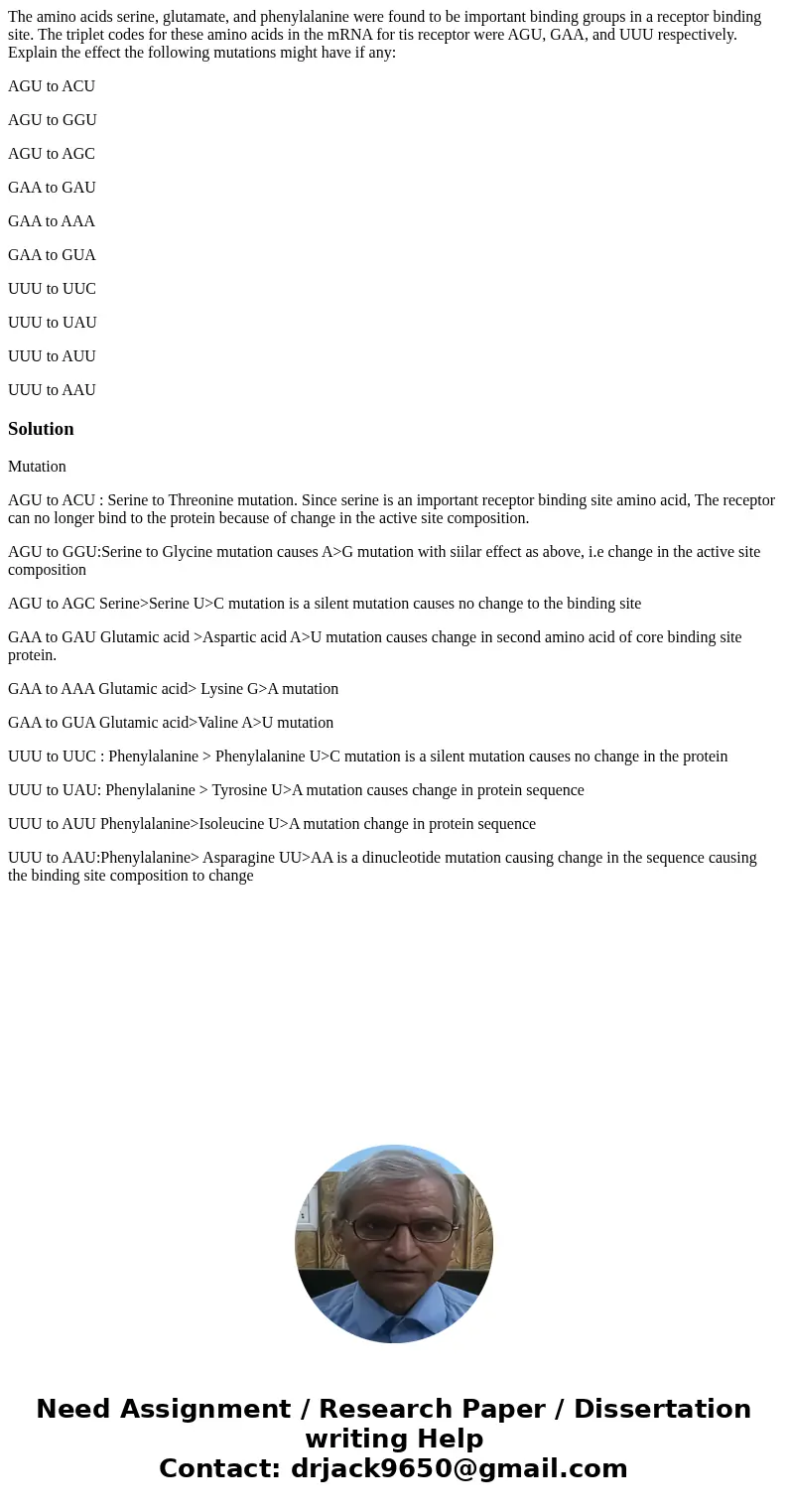 The amino acids serine, glutamate, and phenylalanine were found to be important binding groups in a receptor binding site. The triplet codes for these amino aci The amino acids serine, glutamate, and phenylalanine were found to be important binding groups in a receptor binding site. The triplet codes for these amino aci