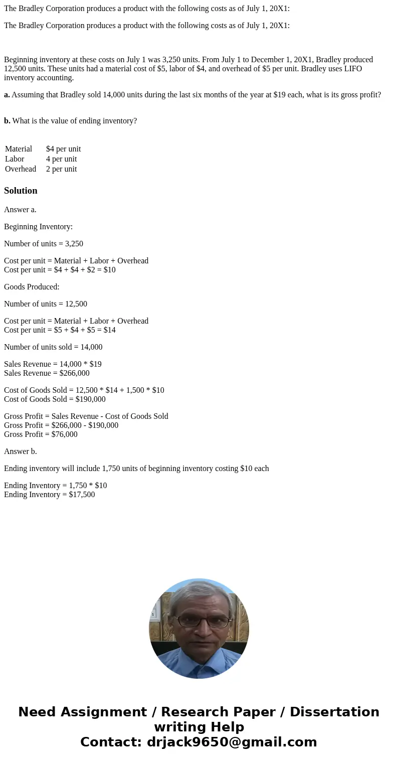 The Bradley Corporation produces a product with the following costs as of July 1, 20X1: The Bradley Corporation produces a product with the following costs as o