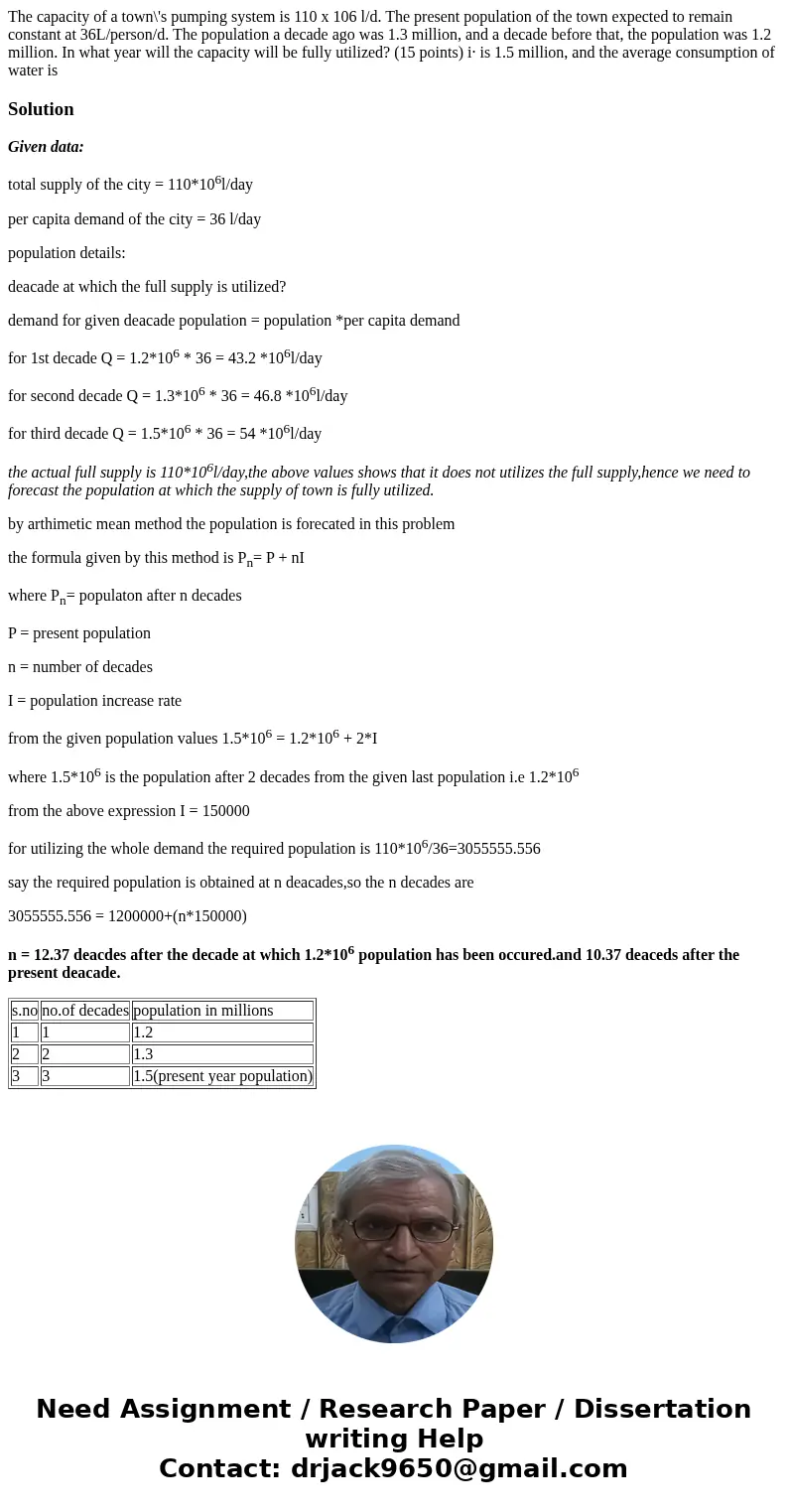 The capacity of a town\'s pumping system is 110 x 106 l/d. The present population of the town expected to remain constant at 36L/person/d. The population a dec  The capacity of a town\'s pumping system is 110 x 106 l/d. The present population of the town expected to remain constant at 36L/person/d. The population a dec