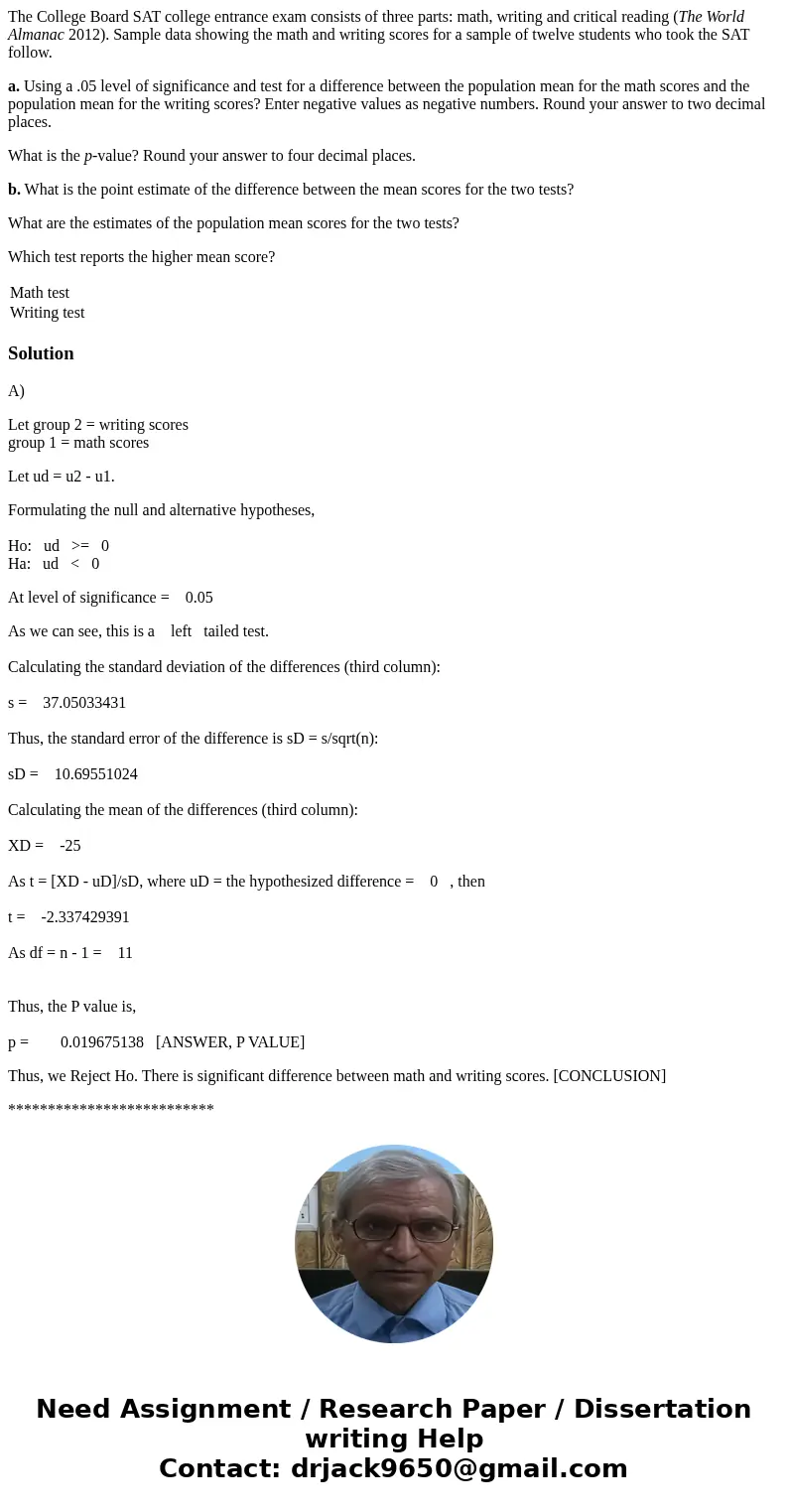 The College Board SAT college entrance exam consists of three parts: math, writing and critical reading (The World Almanac 2012). Sample data showing the math a The College Board SAT college entrance exam consists of three parts: math, writing and critical reading (The World Almanac 2012). Sample data showing the math a