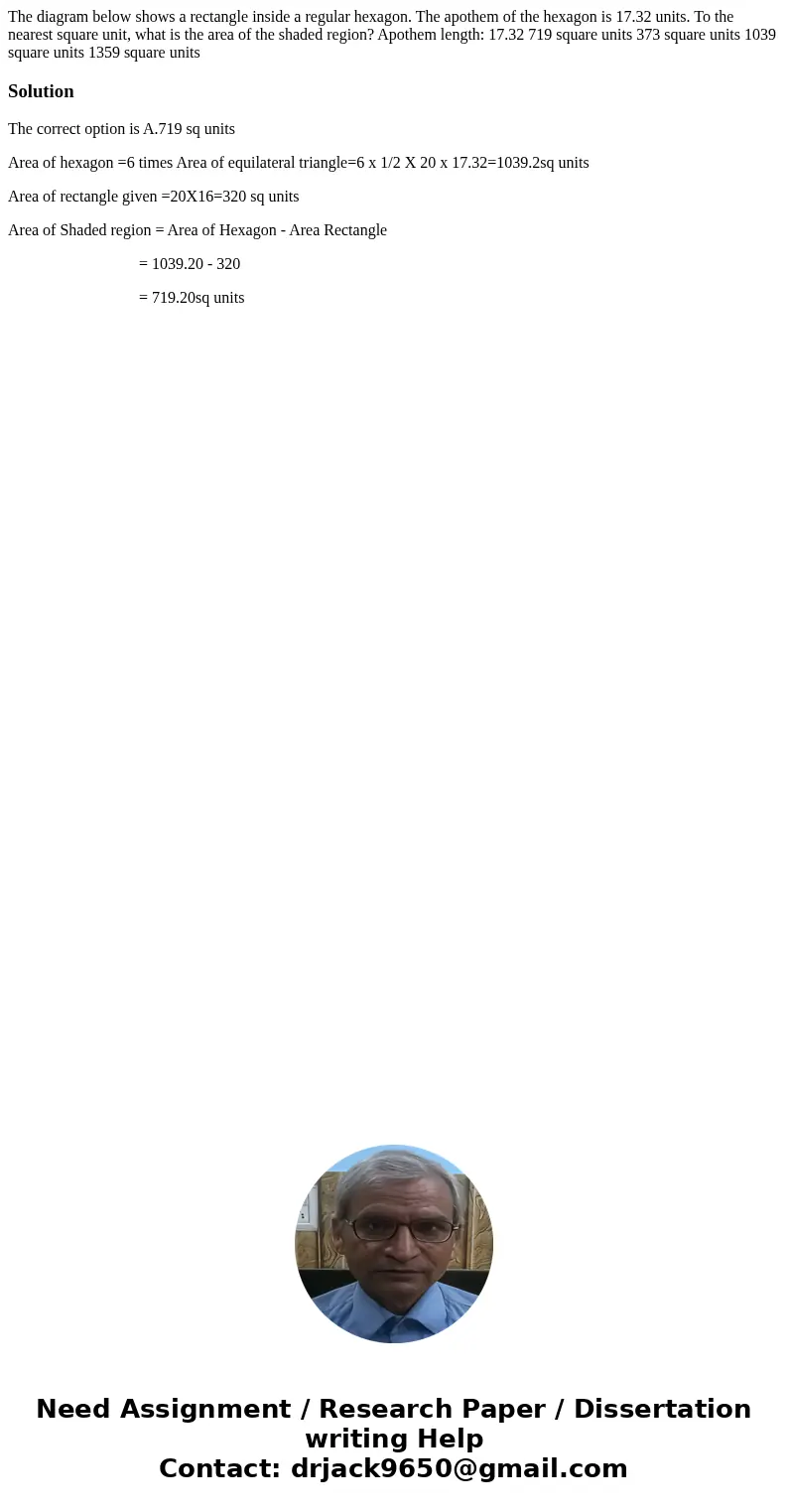  The diagram below shows a rectangle inside a regular hexagon. The apothem of the hexagon is 17.32 units. To the nearest square unit, what is the area of the sh