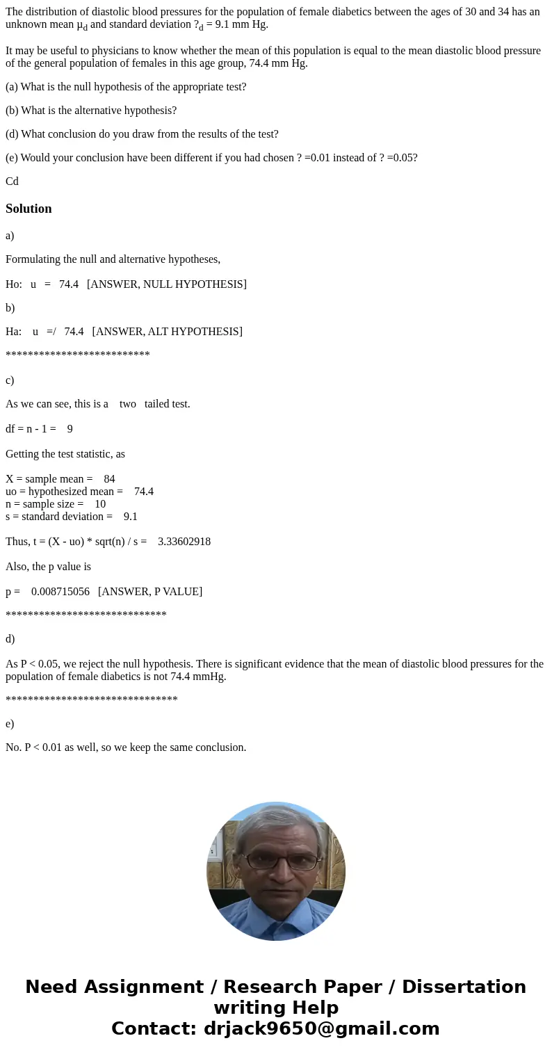 The distribution of diastolic blood pressures for the population of female diabetics between the ages of 30 and 34 has an unknown mean µd and standard deviation The distribution of diastolic blood pressures for the population of female diabetics between the ages of 30 and 34 has an unknown mean µd and standard deviation