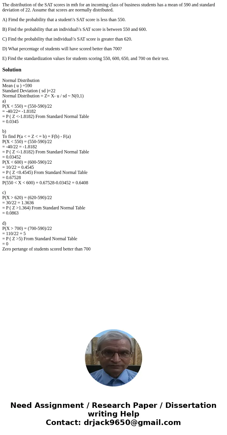 The distribution of the SAT scores in mth for an incoming class of business students has a mean of 590 and standard deviation of 22. Assume that scores are norm