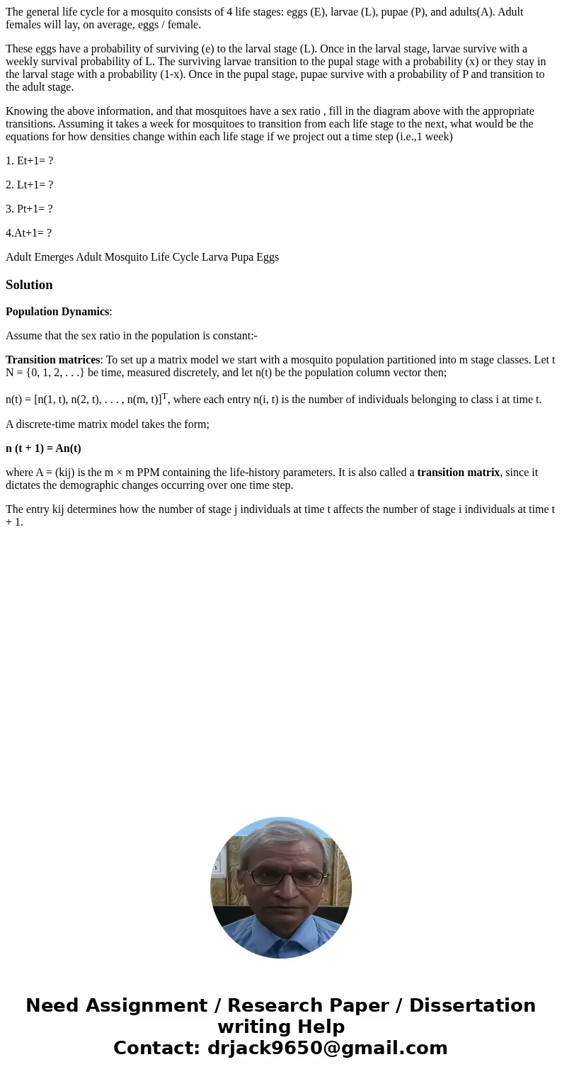 The general life cycle for a mosquito consists of 4 life stages: eggs (E), larvae (L), pupae (P), and adults(A). Adult females will lay, on average, eggs / fema