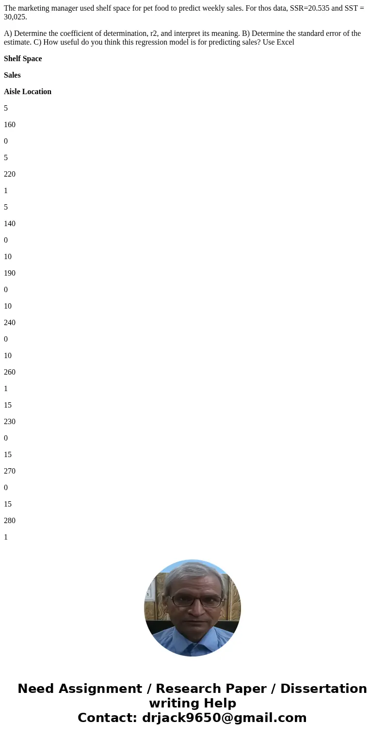 The marketing manager used shelf space for pet food to predict weekly sales. For thos data, SSR=20.535 and SST = 30,025. A) Determine the coefficient of determi