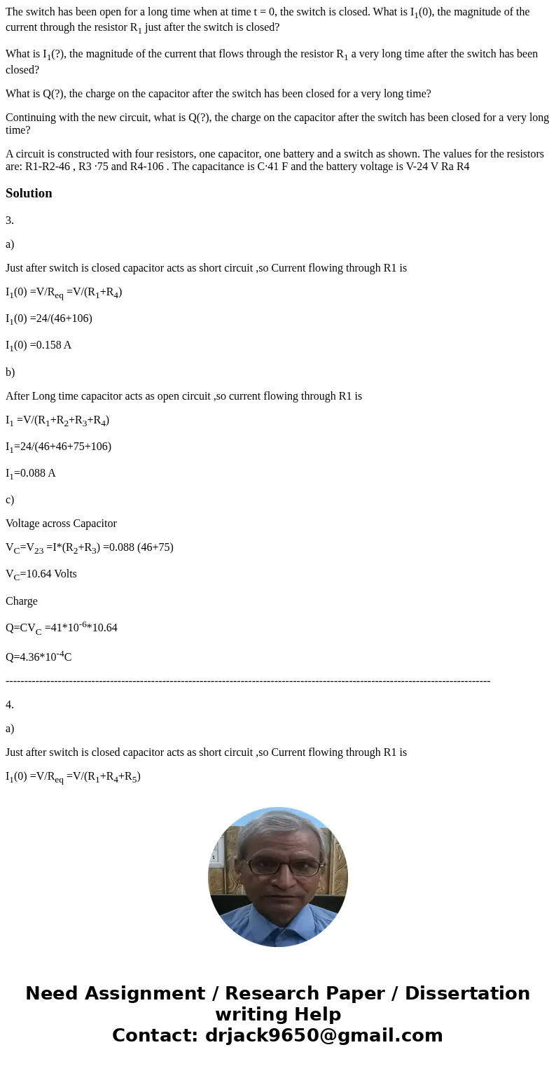 The switch has been open for a long time when at time t = 0, the switch is closed. What is I1(0), the magnitude of the current through the resistor R1 just afte