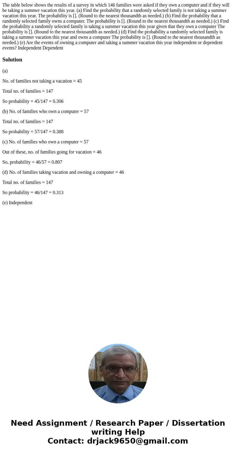 The table below shows the results of a survey in which 146 families were asked if they own a computer and if they will be taking a summer vacation this year. (  The table below shows the results of a survey in which 146 families were asked if they own a computer and if they will be taking a summer vacation this year. (
