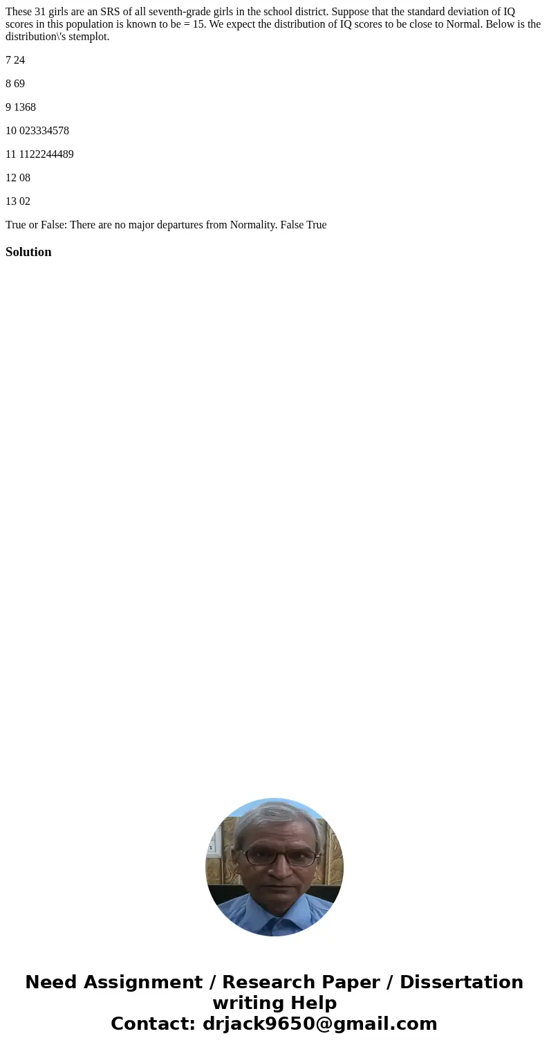 These 31 girls are an SRS of all seventh-grade girls in the school district. Suppose that the standard deviation of IQ scores in this population is known to be  These 31 girls are an SRS of all seventh-grade girls in the school district. Suppose that the standard deviation of IQ scores in this population is known to be