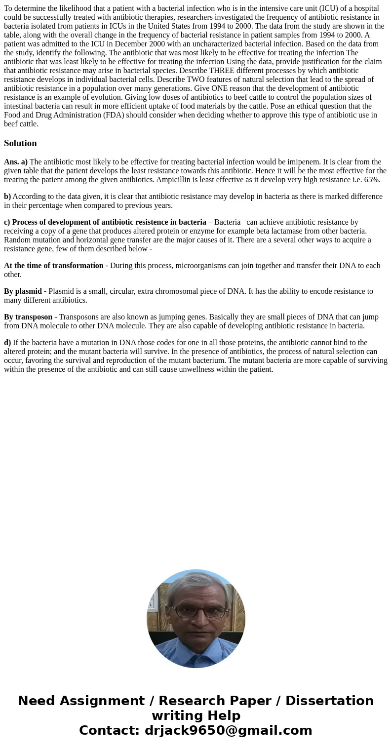To determine the likelihood that a patient with a bacterial infection who is in the intensive care unit (ICU) of a hospital could be successfully treated with   To determine the likelihood that a patient with a bacterial infection who is in the intensive care unit (ICU) of a hospital could be successfully treated with