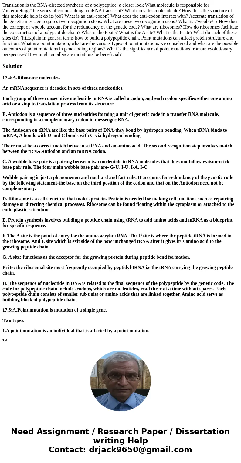  Translation is the RNA-directed synthesis of a polypeptide: a closer look What molecule is responsible for \
