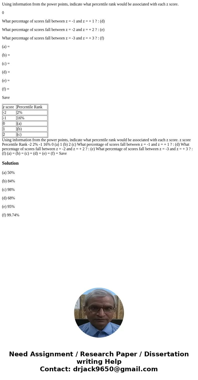 Using information from the power points, indicate what percentile rank would be associated with each z score. 0 What percentage of scores fall between z = -1 an Using information from the power points, indicate what percentile rank would be associated with each z score. 0 What percentage of scores fall between z = -1 an
