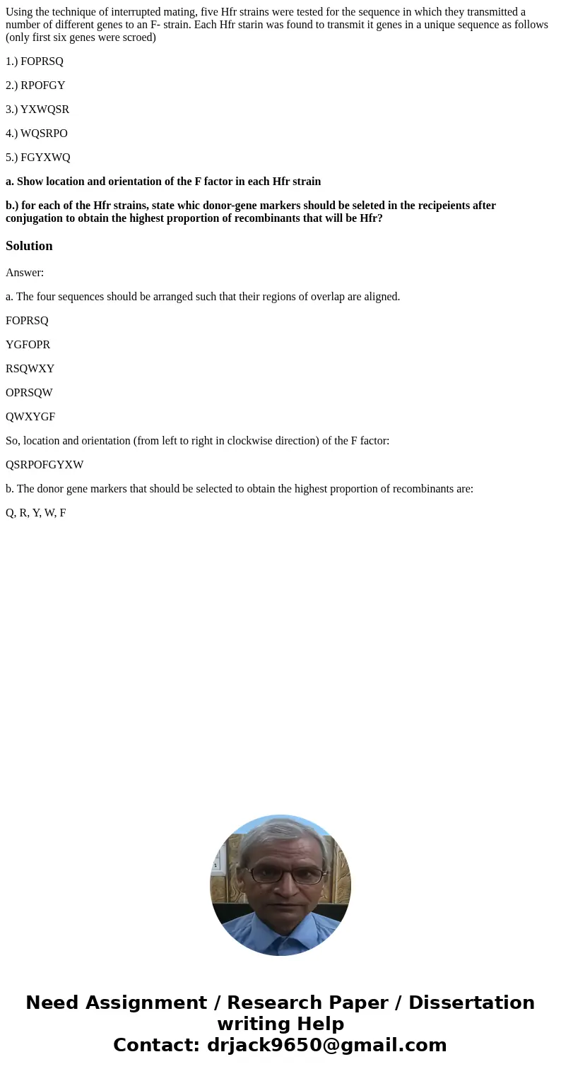 Using the technique of interrupted mating, five Hfr strains were tested for the sequence in which they transmitted a number of different genes to an F- strain. 
