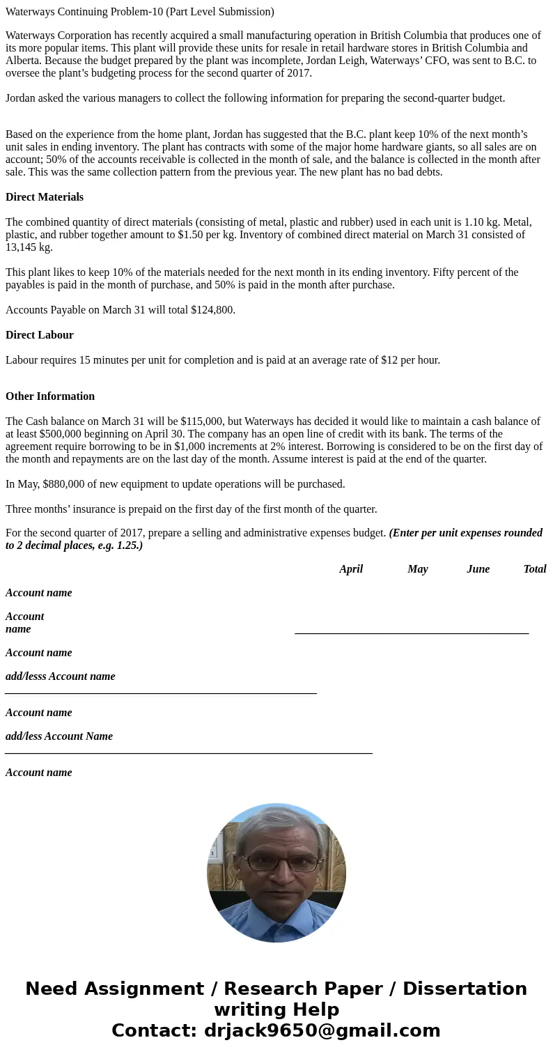 Waterways Continuing Problem-10 (Part Level Submission) Waterways Corporation has recently acquired a small manufacturing operation in British Columbia that pro Waterways Continuing Problem-10 (Part Level Submission) Waterways Corporation has recently acquired a small manufacturing operation in British Columbia that pro