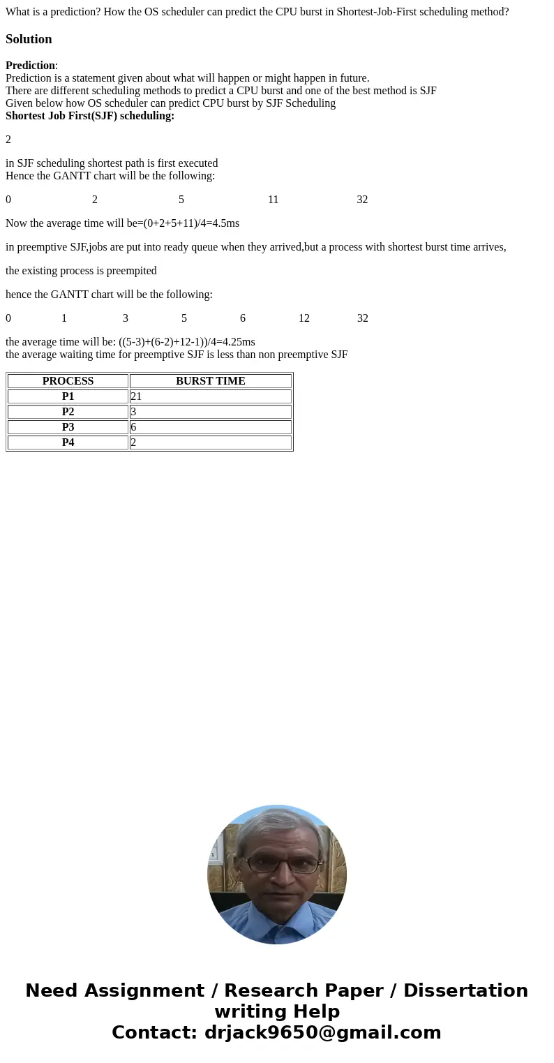 What is a prediction? How the OS scheduler can predict the CPU burst in Shortest-Job-First scheduling method?SolutionPrediction: Prediction is a statement given What is a prediction? How the OS scheduler can predict the CPU burst in Shortest-Job-First scheduling method?SolutionPrediction: Prediction is a statement given