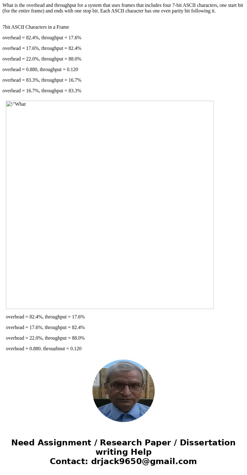 What is the overhead and throughput for a system that uses frames that includes four 7-bit ASCII characters, one start bit (for the entire frame) and ends with 