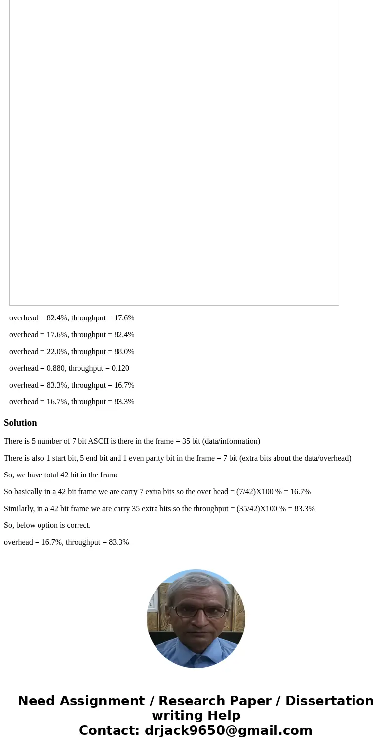 What is the overhead and throughput for a system that uses frames that includes four 7-bit ASCII characters, one start bit (for the entire frame) and ends with 