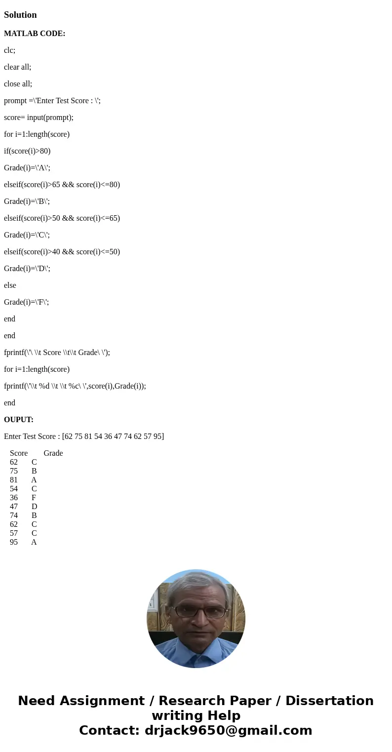 Write a simple program called Prob5.m, which will prompt the user to input test scores for a class. Your program should compute the letter grades using the foll