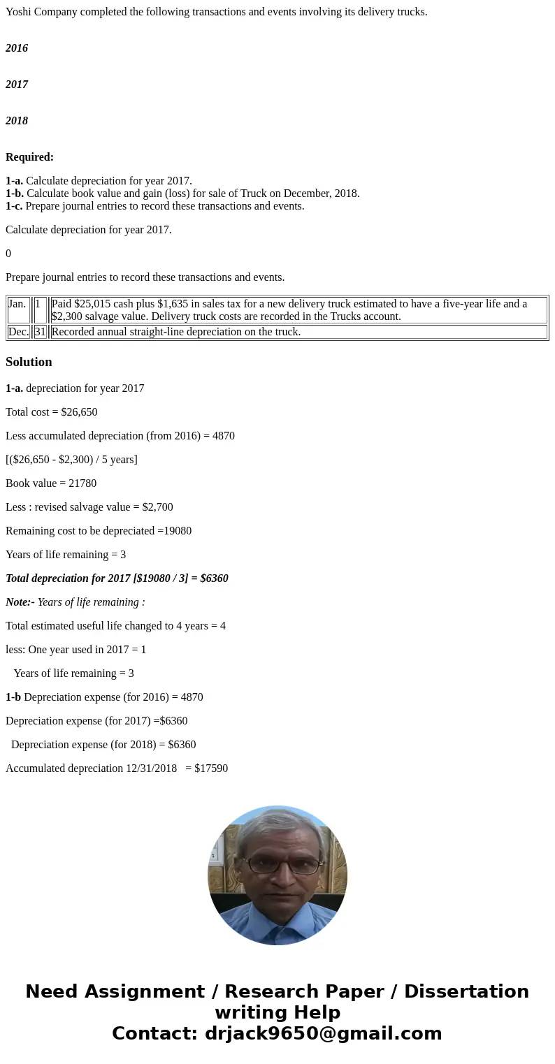 Yoshi Company completed the following transactions and events involving its delivery trucks. 2016 2017 2018 Required: 1-a. Calculate depreciation for year 2017. Yoshi Company completed the following transactions and events involving its delivery trucks. 2016 2017 2018 Required: 1-a. Calculate depreciation for year 2017.