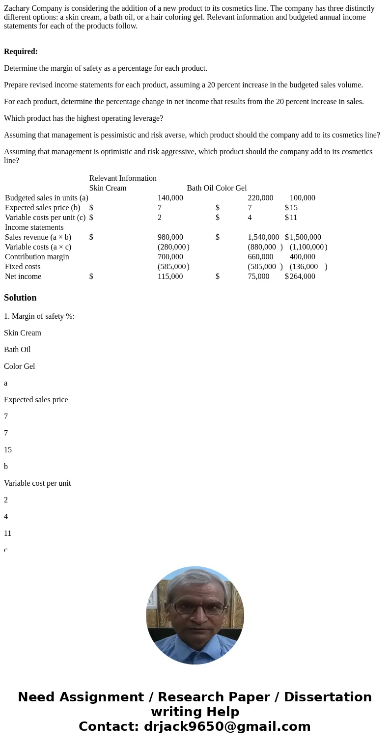 Zachary Company is considering the addition of a new product to its cosmetics line. The company has three distinctly different options: a skin cream, a bath oil