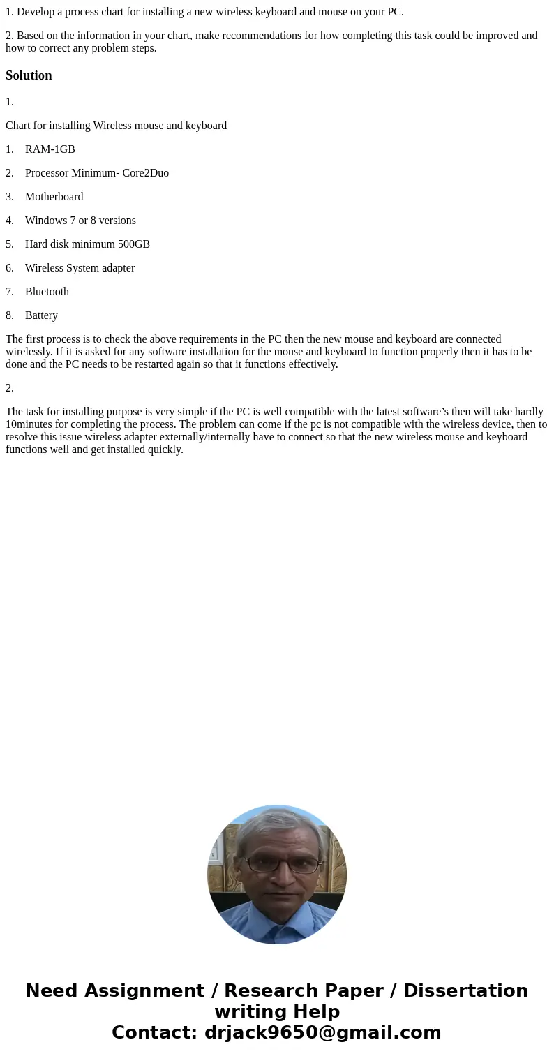 1. Develop a process chart for installing a new wireless keyboard and mouse on your PC. 2. Based on the information in your chart, make recommendations for how  1. Develop a process chart for installing a new wireless keyboard and mouse on your PC. 2. Based on the information in your chart, make recommendations for how