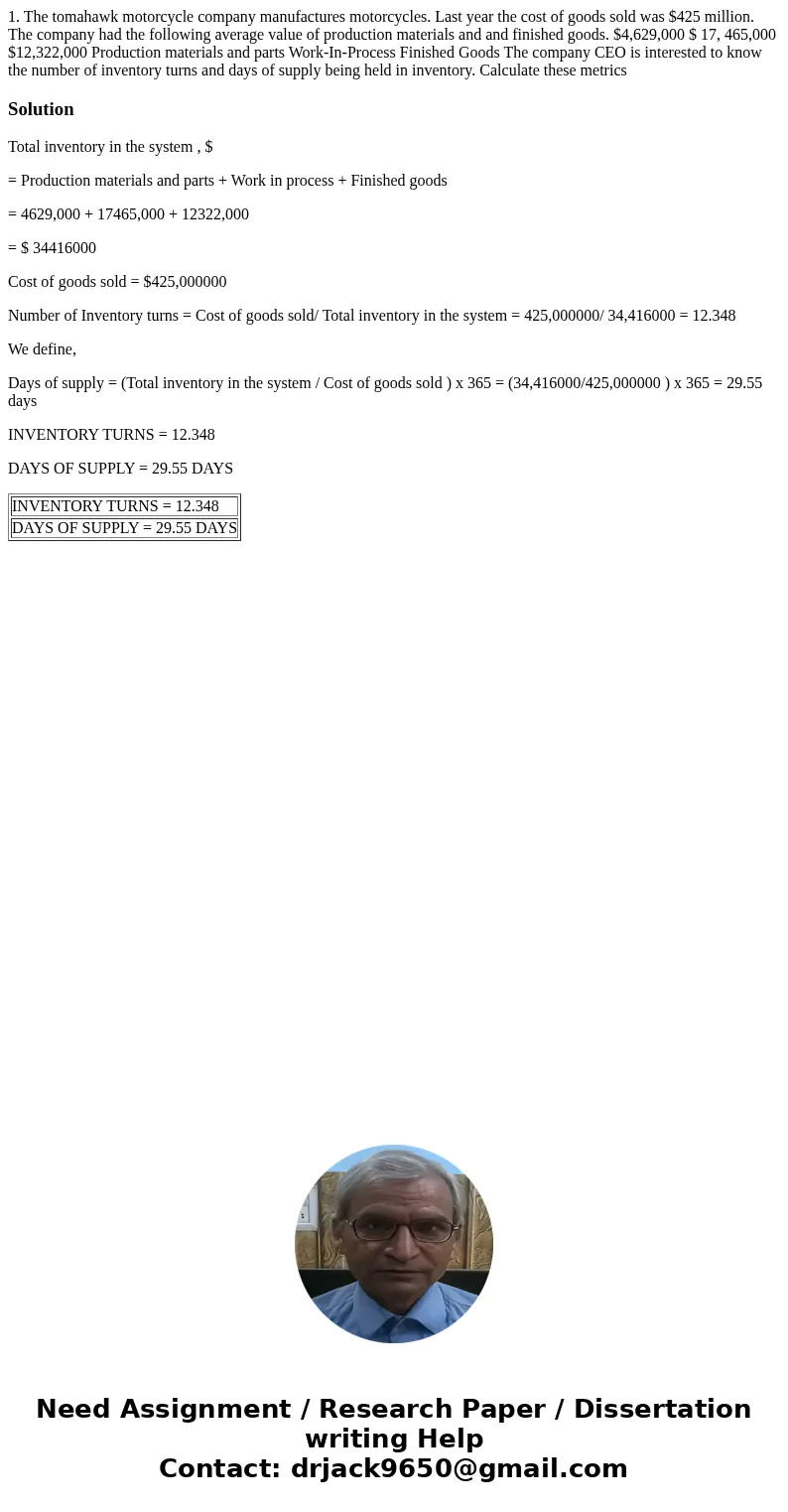 1. The tomahawk motorcycle company manufactures motorcycles. Last year the cost of goods sold was $425 million. The company had the following average value of   1. The tomahawk motorcycle company manufactures motorcycles. Last year the cost of goods sold was $425 million. The company had the following average value of
