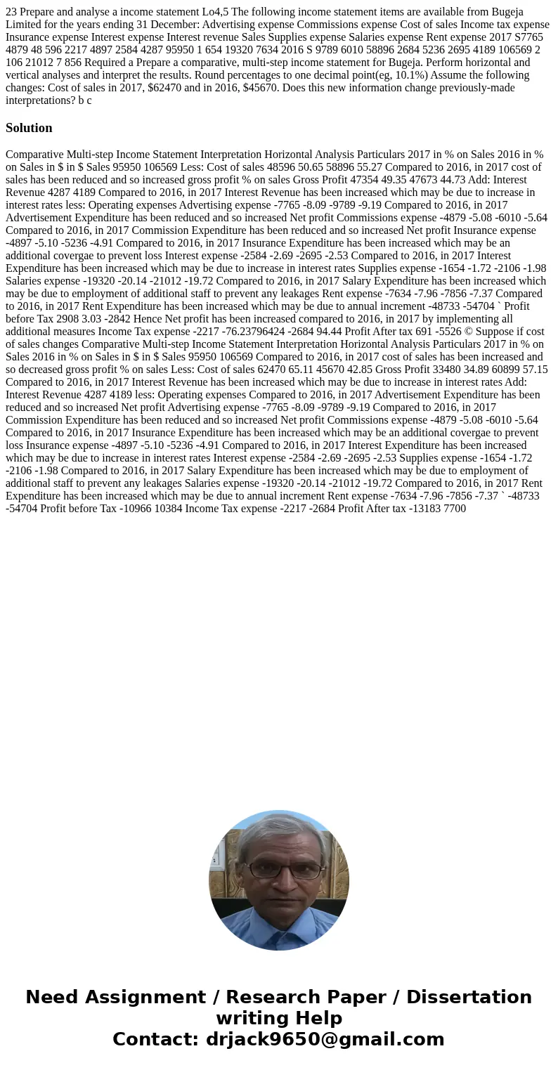 23 Prepare and analyse a income statement Lo4,5 The following income statement items are available from Bugeja Limited for the years ending 31 December: Advert  23 Prepare and analyse a income statement Lo4,5 The following income statement items are available from Bugeja Limited for the years ending 31 December: Advert