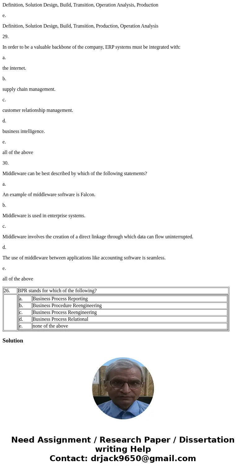26. BPR stands for which of the following? a. Business Process Reporting b. Business Procedure Reengineering c. Business Process Reengineering d. Business Proce 26. BPR stands for which of the following? a. Business Process Reporting b. Business Procedure Reengineering c. Business Process Reengineering d. Business Proce