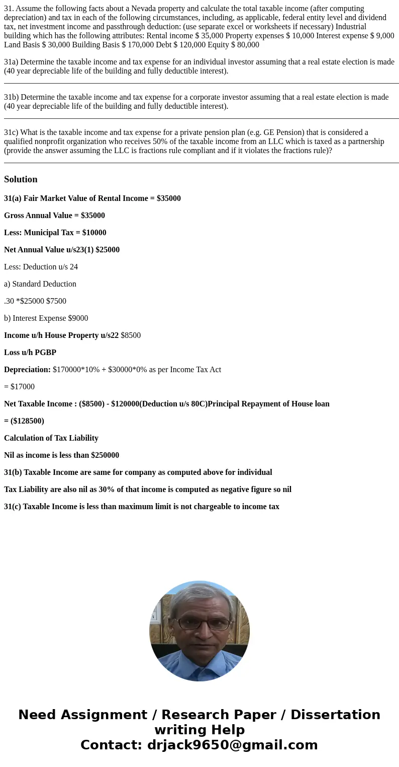 31. Assume the following facts about a Nevada property and calculate the total taxable income (after computing depreciation) and tax in each of the following ci 31. Assume the following facts about a Nevada property and calculate the total taxable income (after computing depreciation) and tax in each of the following ci